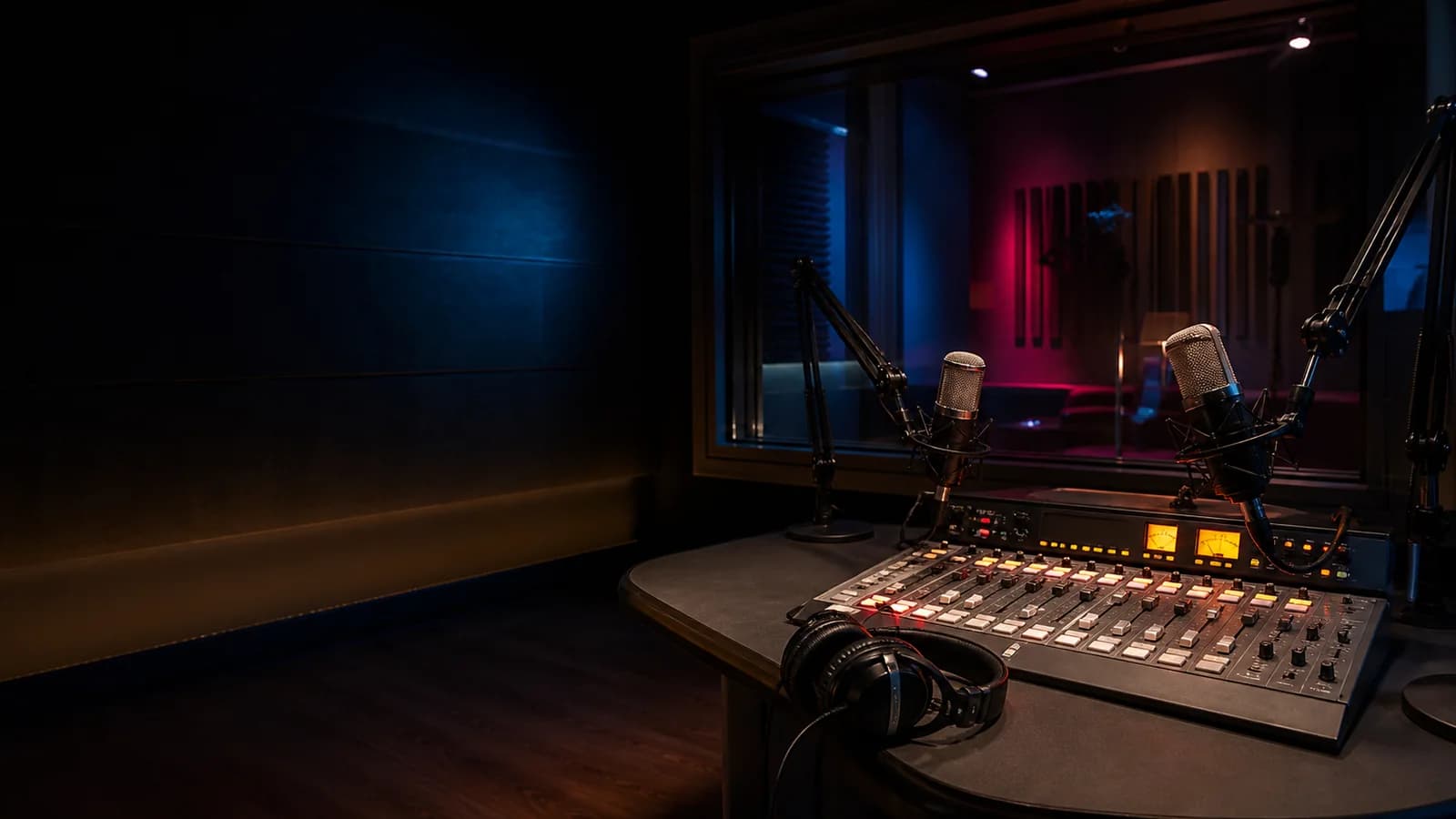Estudio profesional con micrófonos, consola y cabina de grabación